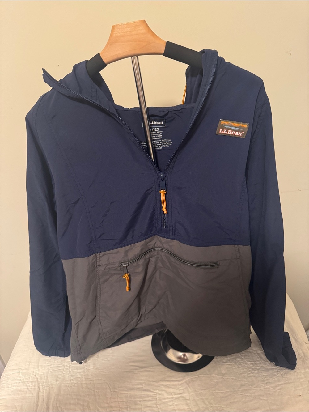 L.L. Bean Kids Navy and Gray Hooded Pullover Rain Anorak